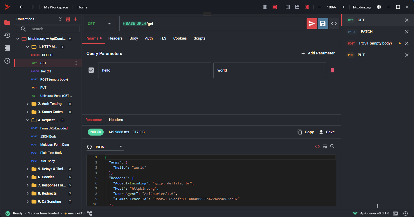ApiCourier dark theme desktop app preview.